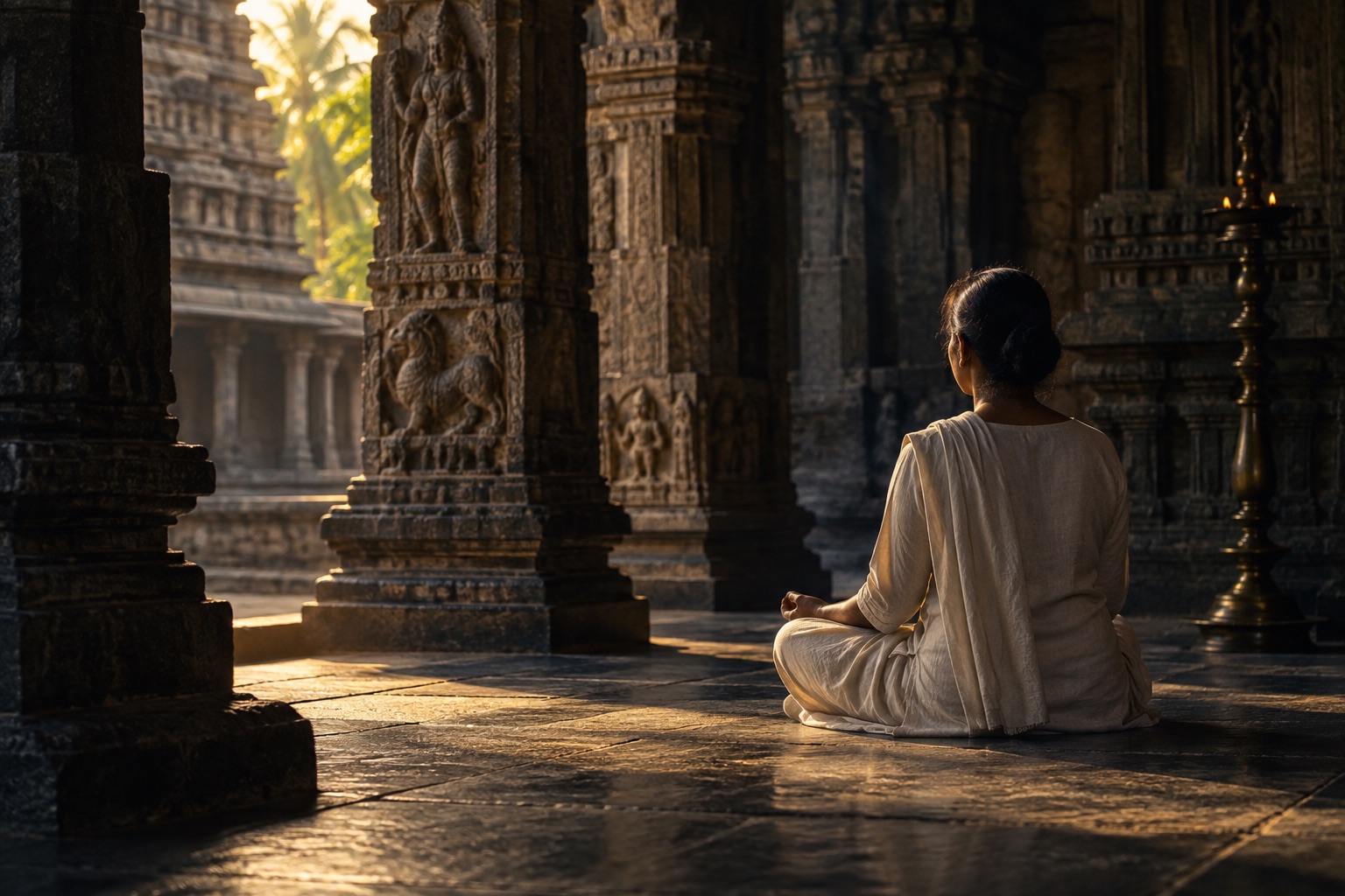 Illustrative scene of quiet meditation in warm temple light