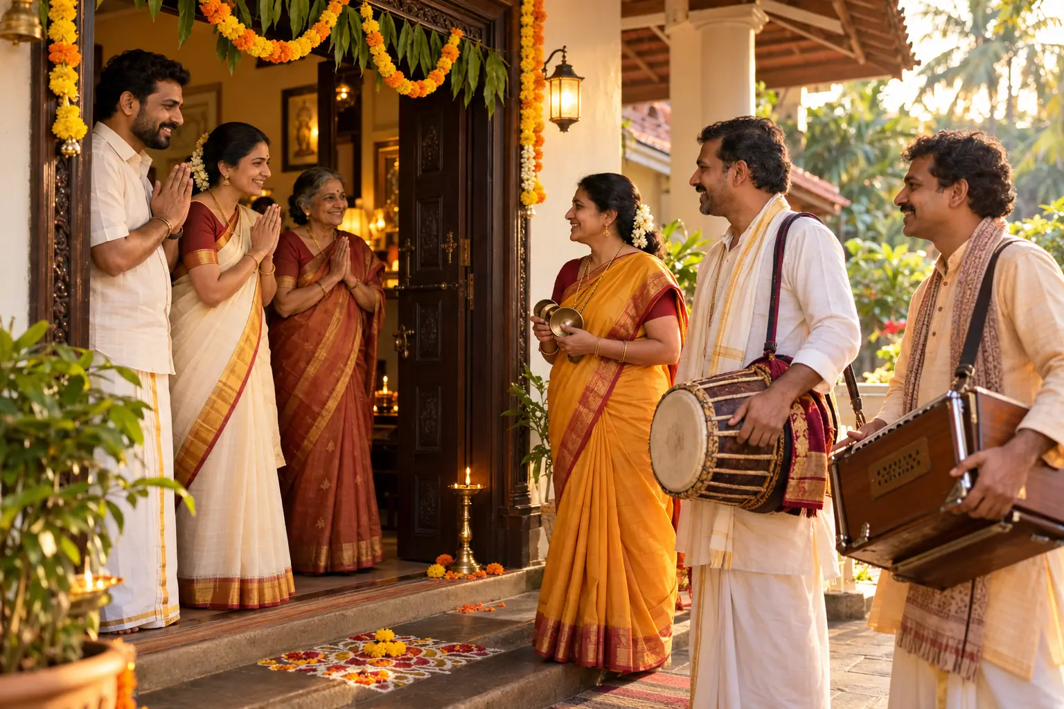 A family welcomes bhajan performers with instruments at a marigold-decorated doorway.