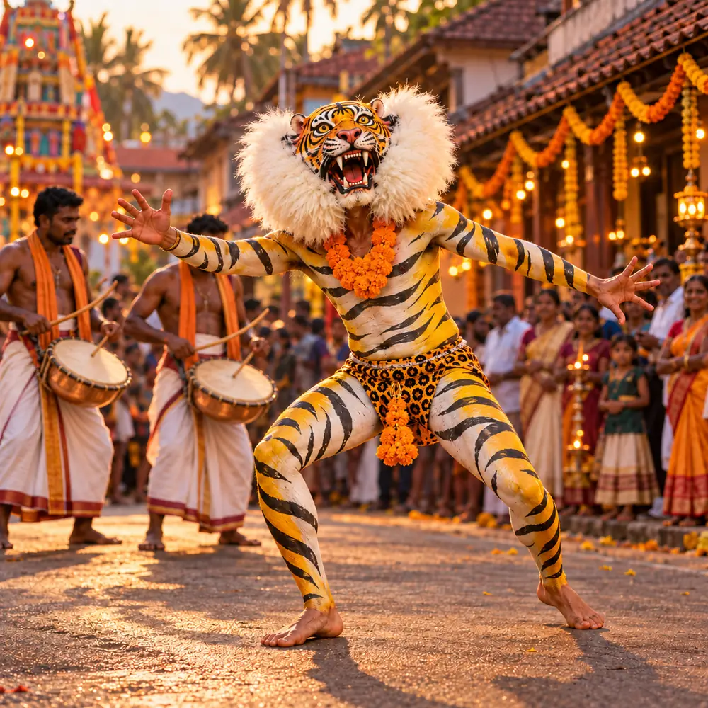 Pili Vesha dancer wearing a traditional tiger headpiece, with tase drummers on a festive coastal street.